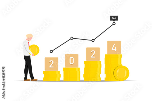 Future personal inflation tax trends concept, Human hold money coin with coin stack levels on isolated background, Vector illustration.