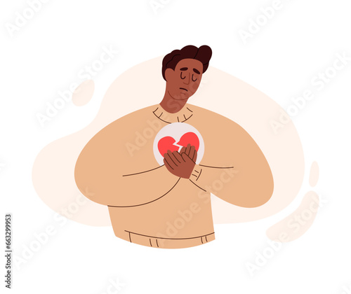 Heart Broken Person. Cartoon People Vector Illustration. Black Man Holding Broken Heart.