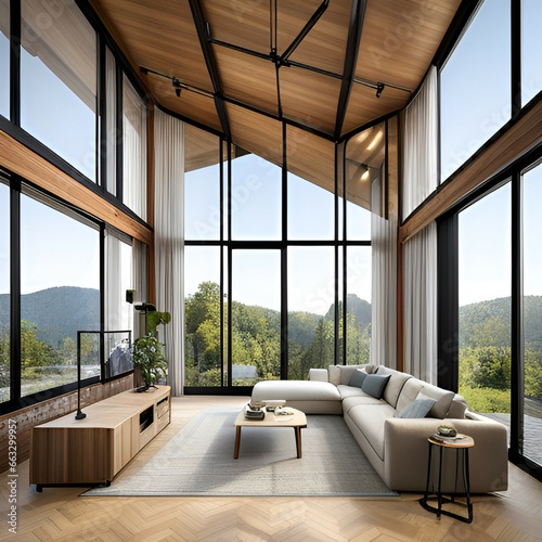 Wide windows, high-rise multi-storey structure Black frame Beige sofa, White & Wood interior, living room with a view of nature,Generative AI © 호이 -