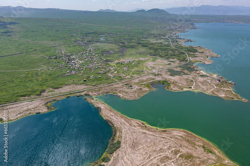 Aerial view of Lake Sevan, an high altitude lake in Norashen, Gegharkunik Province, Armenia. photo