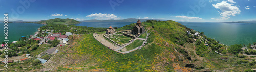 Aerial view of Sevanavank Monastery, an historic monastery complex with lake view, Sevan Lake, Gegharkunik Province, Armenia. photo