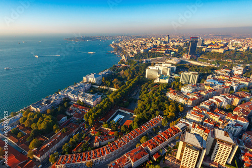 Aerial view of Dolmabahce Palace and Besiktas area, Istanbul, Turkey. photo