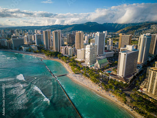 Aerial View of Waikiki Beach, Kuhio Beach and Queens Beach, O'ahu, Hawaii, United States. photo