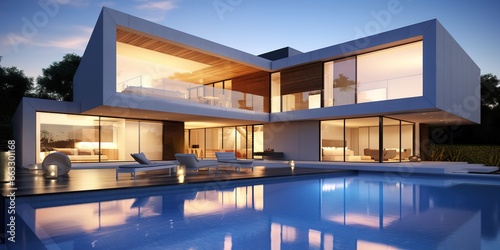 examples of modern swimming pools and luxury houses at night.