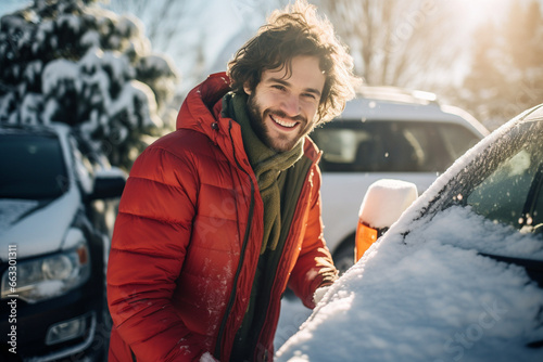 happy smiling handsome man clearing car from snow after snowfall , love winter time