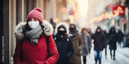 Young woman wearing face mask walking on the street in winter time.