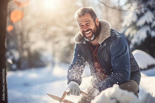 happy smiling handsome man clearing snow by shovel after snowfall , love winter photo