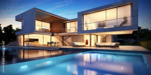 examples of modern swimming pools and luxury houses at night.