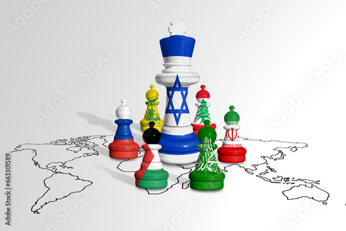 Chess made from Israel, Lebanon, Iran, Palestine and Russia flags. Gaza and Israel war. photo