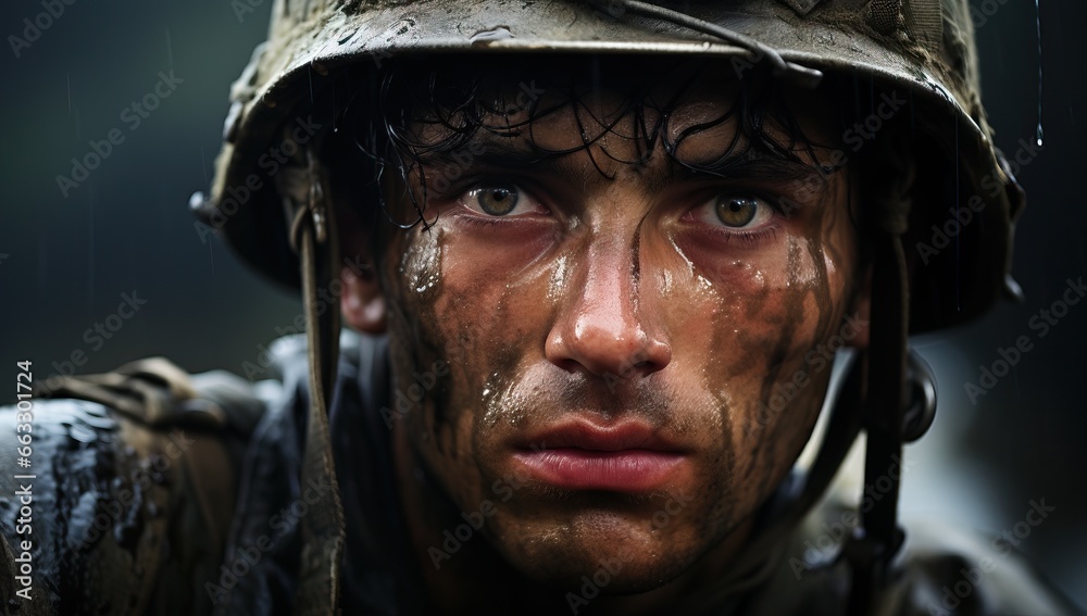 Portrait of young soldier in the rain. Portrait of young soldier in the rain.