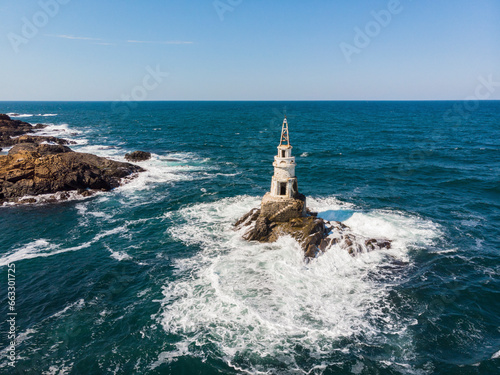 Aerial View of Lighthouse in the Black Sea with Waves, Ahtopol, Bulgaria. photo