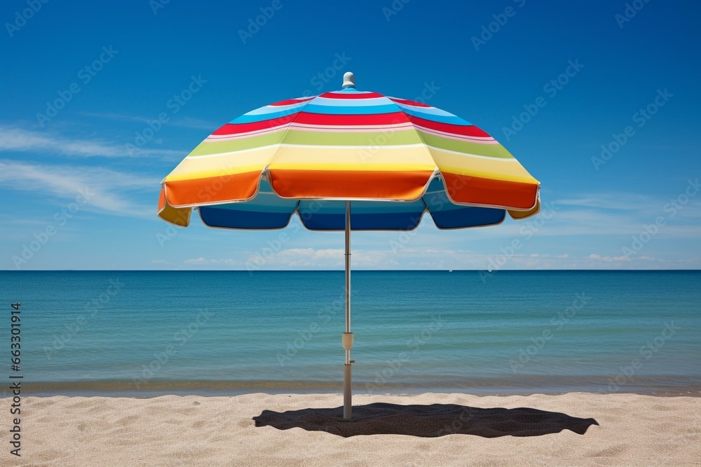 A colorful beach umbrella by the shore. Generative AI