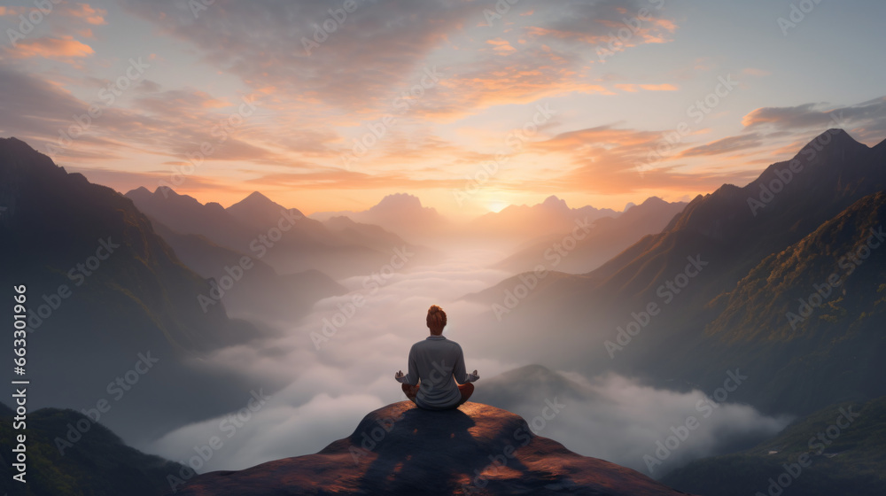Young person meditating at dawn on a mountain