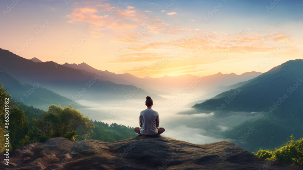 Young person meditating at dawn on a mountain