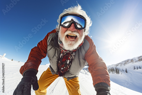 happy funny snowboarder in the mountains