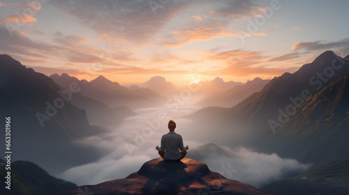 Young person meditating at dawn on a mountain