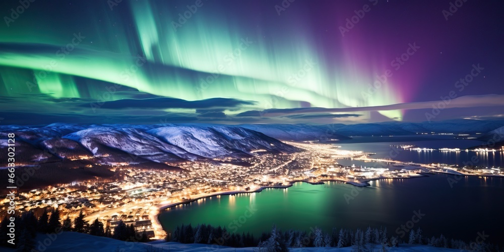 Northern lights Aurora borealis over lake and mountains at night in winter