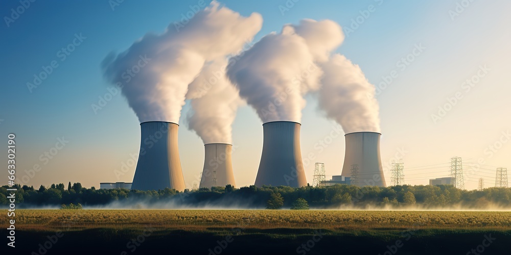 large nuclear power plant with billowing smoke, light sky blue.