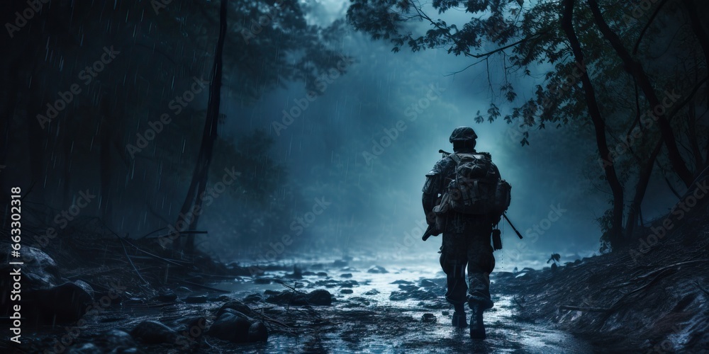 Silhouette of a soldier walking in the misty forest. Silhouette of a soldier walking in the misty forest.