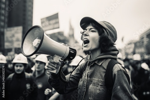 a woman shouting through megaphone on a workers environmental protest in a crowd in a big city. black and white documentary photo photo