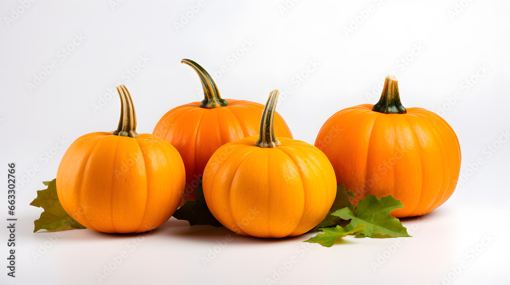 Bright Orange Pumpkins with Green Leaves on a White Background. Bright Orange Pumpkins with Green Leaves on a White Background.