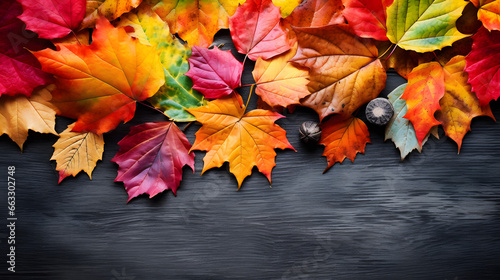 Vibrant Autumn Leaves on a Dark Wooden Background.