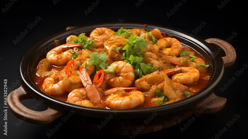 A dish of shrimp, greens in a skillet.