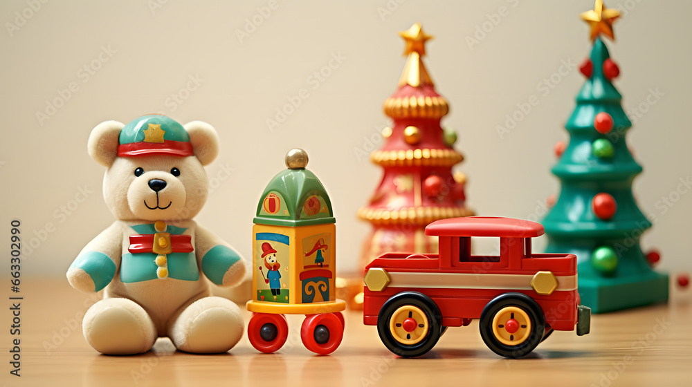 Obraz premium Christmas Themed Children's Toys with Teddy Bear and Toy Train Set