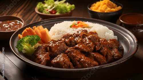 A dish with rice, meat and fresh vegetables.