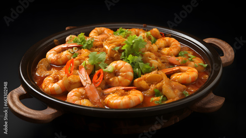 A dish of shrimp, greens in a skillet.