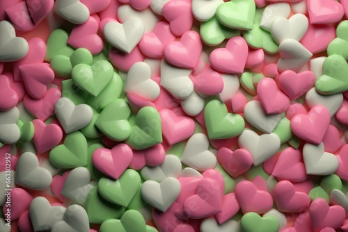 Colorful heart backdrop with pink, white, and green love hearts, perfect for Valentine's Day. Rendered in 3D. Generative AI