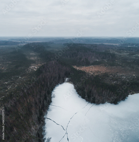 Aerial view of white frozen Jussi lakes, forest and bogs in early winter, Pohja-Korvemaa Nature Reserve, Harjumaa, Estonia. photo