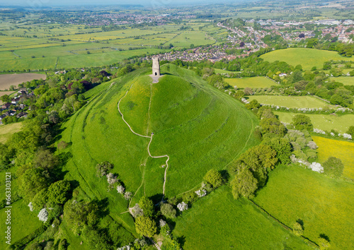 Aerial view of Glastonbury Tor, historical monument on the hill, Somerset, England, United Kingdom.