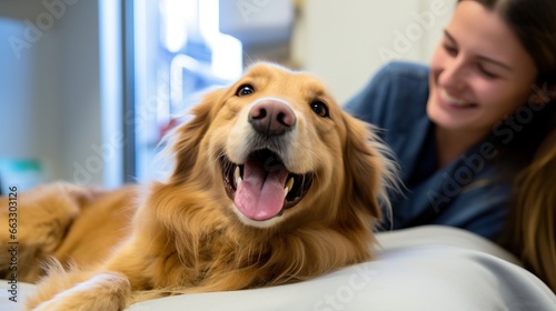 Close-up of a happy dog lying on the bed with its owner