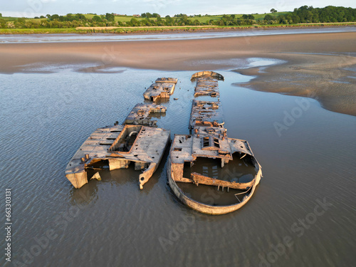 Aerial view of a shipwreck sinked in the Severn River, Gloucester, England, United Kingdom. photo