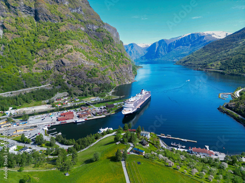 Aerial view of a cruise ship docked in Flam port, Norway. photo