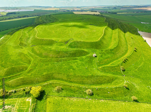 Aerial view of Maiden castle, Dorset, England, United Kingdom.