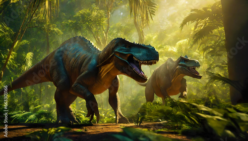 two Tyrannosaurus rex in the jungle, light shines through. 2 Tyrannosaurus Rex dinosaur in green prehistoric jungle forest on a Sunny morning. lush rain forest. Generative AI © Maxim Chuev