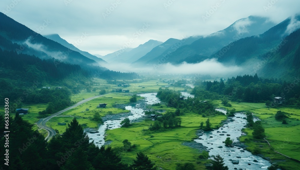 Foggy morning in the mountains. Landscape with green grass and river
