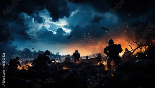 War Concept. Military silhouettes fighting scene on war fog sky background.