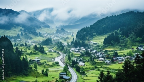 Scenic view of village in the mountains with fog in the morning