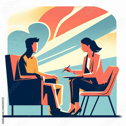 2d Flat raster illustration, session with a psychologist, the client expresses his feelings to the psychologist, digital painting. Generative AI.