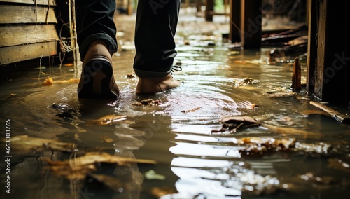 Wet feet of a man standing in a puddle after heavy rain