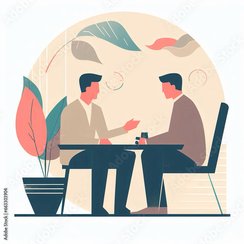 2d Flat raster illustration, session with a psychologist, the client expresses his feelings to the psychologist, digital painting. Generative AI.