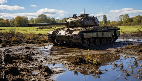 Old tank in a muddy field.