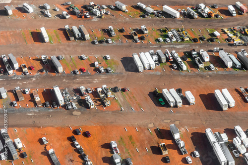 Aerial view of Truck Storage Yard in Town for Maintenance and Repairs, Victoria, Australia. photo