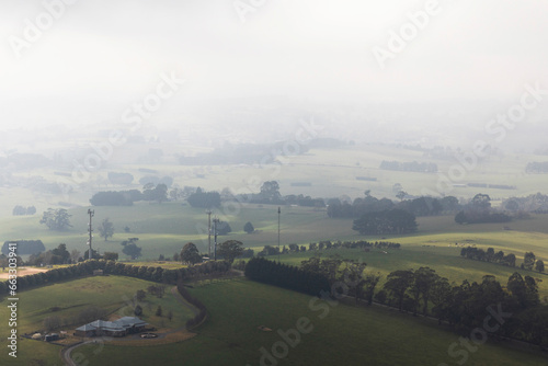 Aerial view of Morning Air Pollution in the Country Landscape, Victoria, Australia.