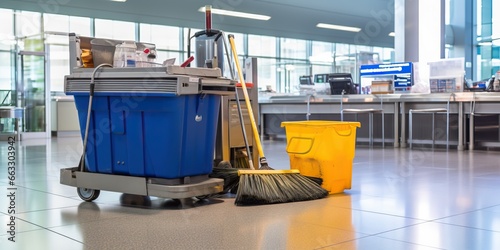 Mop and bucket with cleaning equipment in airport terminal. Cleaning service concept © Meow Creations