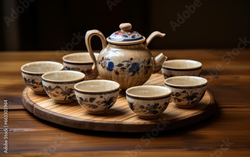 Polished Wooden Table Ceramic Tea Set