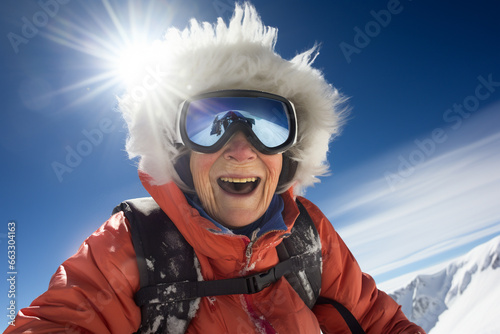 happy granny skiing in the mountains
